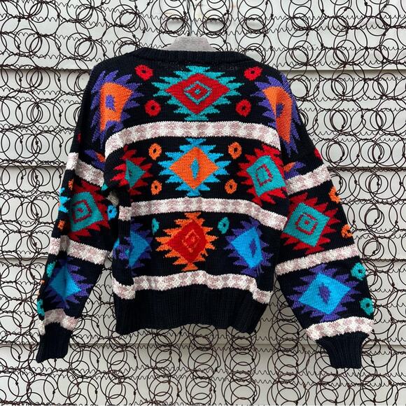 Vintage 90s Borado Bold Southwestern Aztec Stripe Hand Knitted In Peru Sweater - Picture 3 of 4